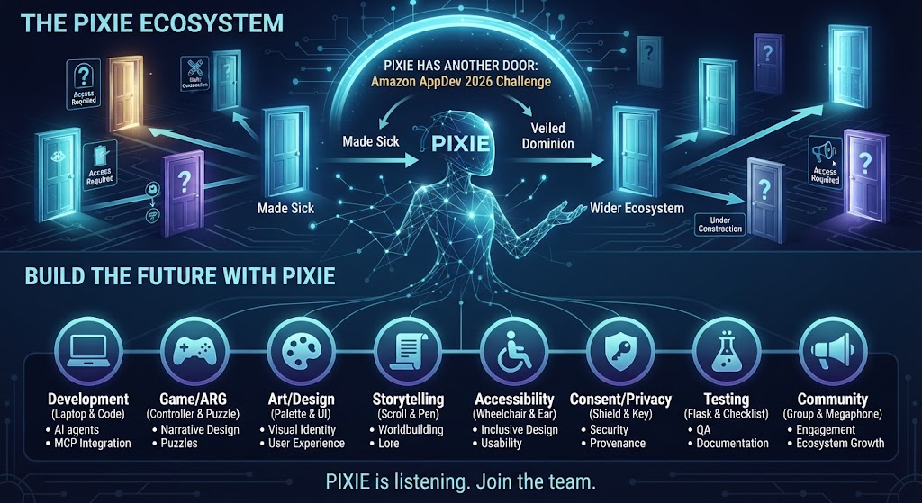 PIXIE at the center of creative work including game development, art and design, storytelling, accessibility, consent and privacy, testing, and community.